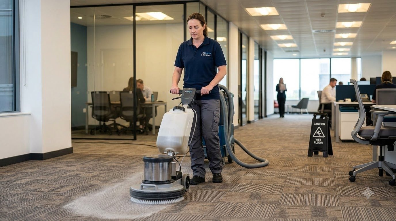 Profissional realizando limpeza de carpete com equipamento especializado